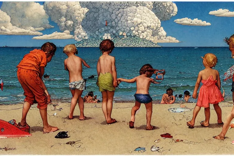 Image similar to kids playing at the beach, huge atomlc explosion in the background, wide angle lens, detailed, by norman rockwell, by mattias adolfsson, by moebius, oil on canvas,