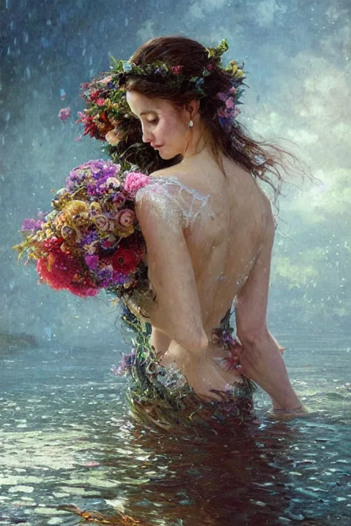 Prompt: portrait of a beautiful mysterious woman holding a large bouquet of flowing flowers, wet dripping long hair, hands disappeared under the bouquet, emerging from the water, fantasy, regal, intricate, by stanley artgerm lau, greg rutkowski, thomas kindkade, alphonse mucha, loish, norman rockwell