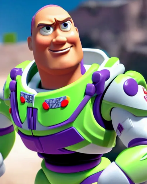 Image similar to Film still close-up shot of Dwayne Johnson as Buzz Lightyear in the movie Toy Story 3. Photographic, photography