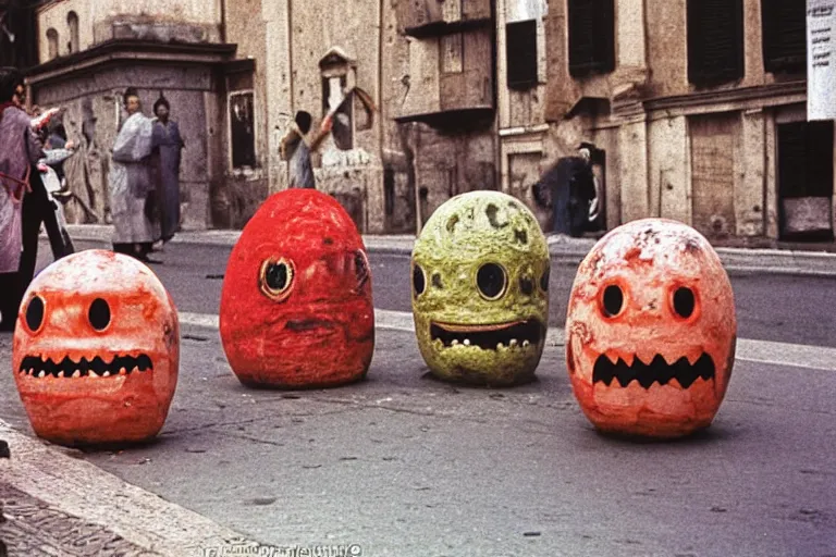 Image similar to colourful creepy umibozu monsters parading the streets of Rome, 1980 photograph, photo real