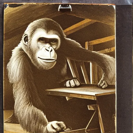 Prompt: carpenter ape in his workshop