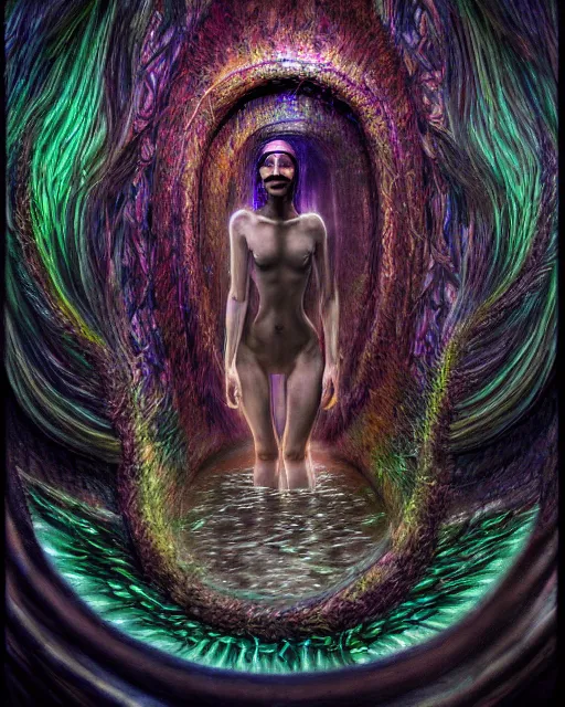 Image similar to realistic portrait of a creature experiment gone wrong, opened portal, psychedelic, dark art, facing camera, photo realistic, detailed, 1 4 5 0, delicate, hyper realism, ultra realistic, 8 k