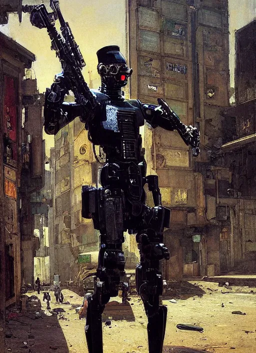 Image similar to Sgt Eliezer Grim. Menacing Cyberpunk policeman carrying machine pistols, wearing a combat vest and towering with robotic stilt legs. (dystopian, police state, Cyberpunk 2077, bladerunner 2049). Iranian orientalist portrait by john william waterhouse and Edwin Longsden Long and Theodore Ralli and Nasreddine Dinet, oil on canvas. Cinematic, vivid colors, hyper realism, realistic proportions, dramatic lighting, high detail 4k