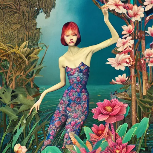 Image similar to pretty model with water lillies : : by martine johanna and simon stalenhag and chie yoshii and casey weldon and wlop : : ornate, dynamic, particulate, rich colors, intricate, elegant, highly detailed, vogue, harper's bazaar art, fashion magazine, smooth, sharp focus, 8 k, octane render