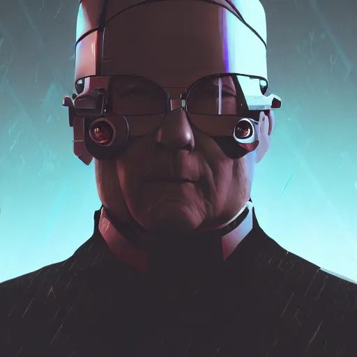 Image similar to cyberpunk mikhail gorbachev as the leader of a futuristic communist nation, cybernetics, sharp lines, digital, artstation, colored in