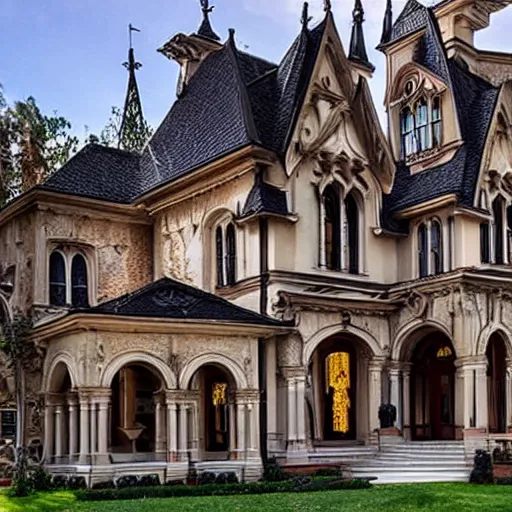 Prompt: ornate mansion with a blend between modern architecture and ancient gothic style interior