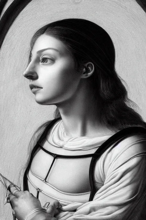 Prompt: hyperrealism portrait of beautiful young medieval biomechanic female melting in church, beautiful cheekbones , pale skin, in style of classicism