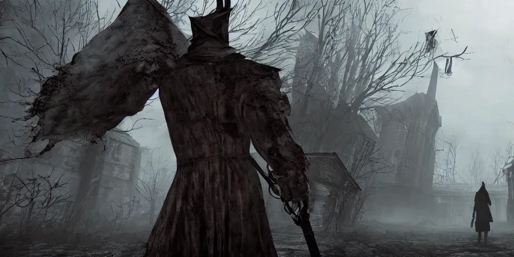 Image similar to mix between silent hill and bloodborne, terrifying, dark