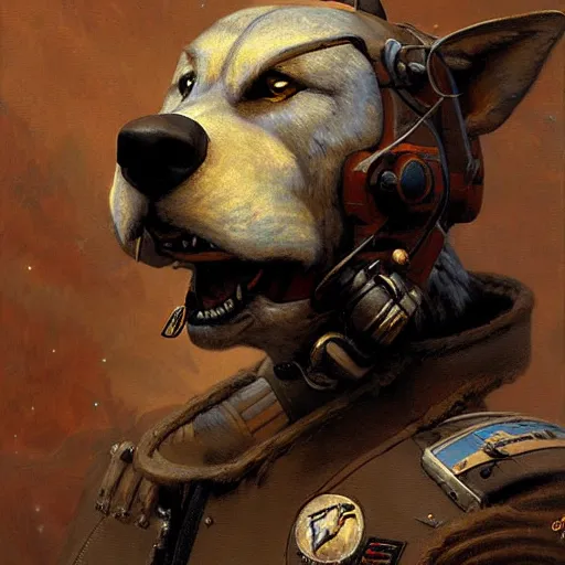 Image similar to a portrait of a wolf dogman canine star pilot. highly detailed painting by gaston bussiere, craig mullins, j. c. leyendecker, furry