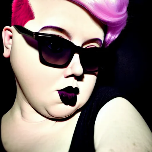 Prompt: realistic high key portrait photo of a beautiful chubby curvy pale alabaster goth girl with asymmetrical punk rock hair and badass euro design sunglasses. mole on cheek. half portrait by stanley artgerm, dramatic lighting, by tohuvabohu, nagel, shin jeongho, nick silva and ilya kuvshinov, deviantart, detailed character design, 8 k resolution