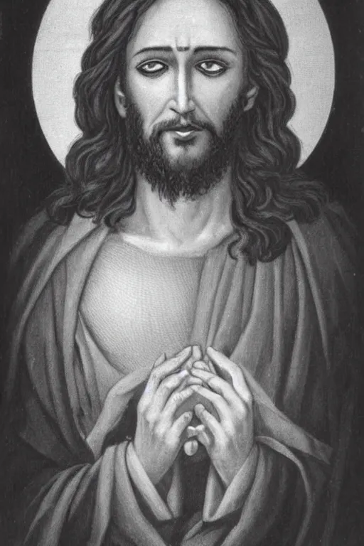 Prompt: jesus christ wearing a blinfold, peeking over blinfold with one eye, staring