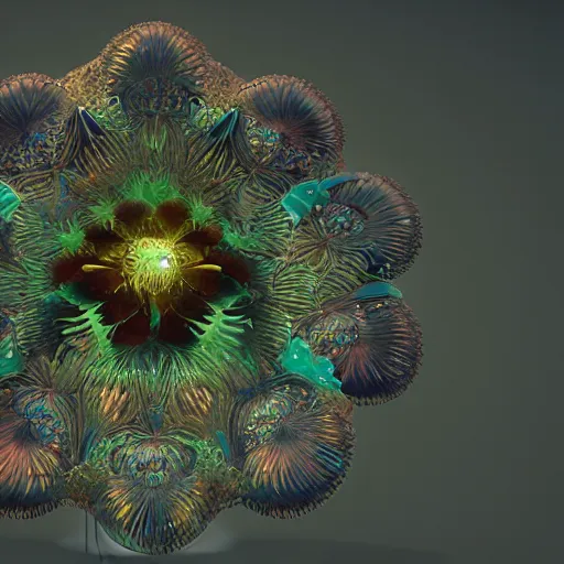 Prompt: flower of darkness by Beeple, 3D intricate shapes, Ernst Haeckel, octane render, maya render, by Tyler Edlin, fractals, copper veins, detail