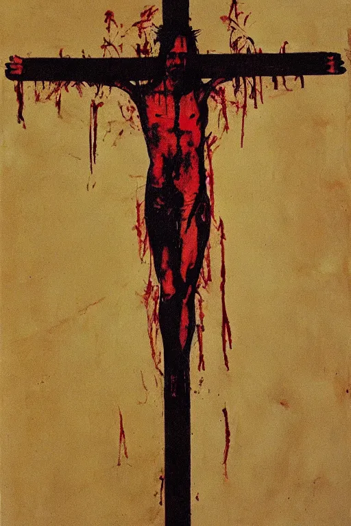 Image similar to bloody christ crucified on a very big mushroom painted in by cy twombly and andy warhol