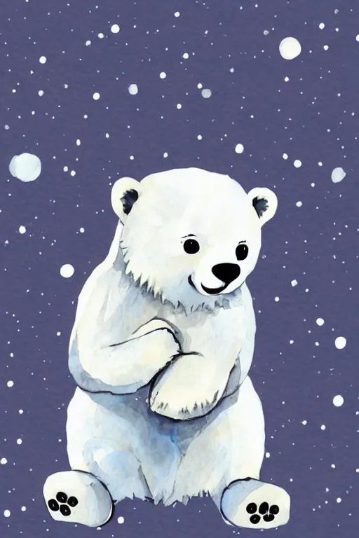 Image similar to a cute anime polar bear holding a thick dark ring, watercolor, white background, lovely