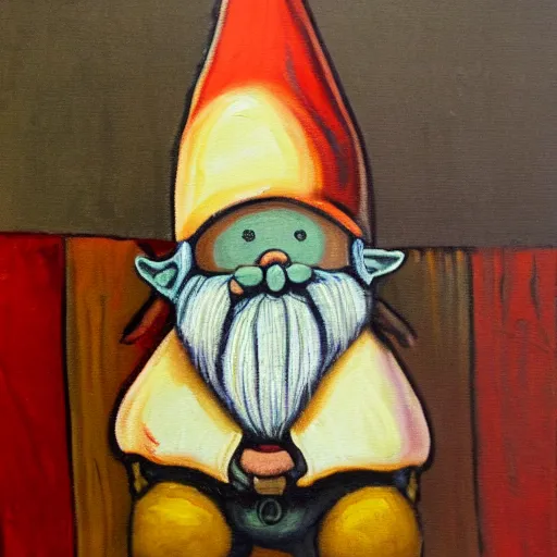 Prompt: a painting of a gnome in a barn, in the style of jenny nyström