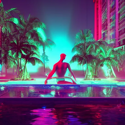 Image similar to a photograph of a broken statue in a surreal underground swimming pool surrounded by palm trees water and neon lights, vaporwave, unreal engine, octane render, dramatic lighting, volumetric lighting, neon lighting, ultra detailed, photorealistic