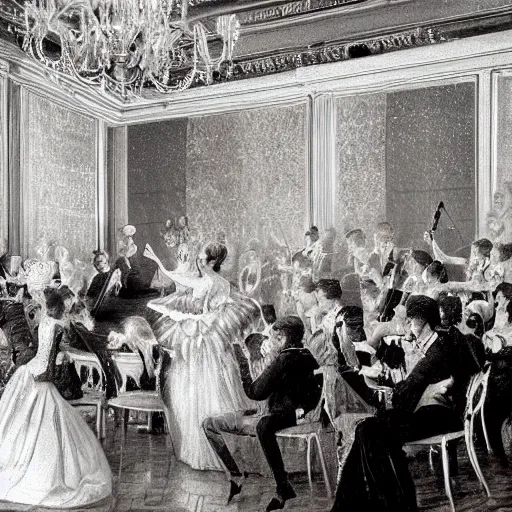 Prompt: closeup on a beautiful woman singing in front of a crowd, opulent anglocore ballroom with tall ceilings and tall windows, French provincial furniture, a beautiful tall princess is singing, a beautiful woman singing, musicians playing instruments, Men in tuxedos, Volumetric light rays, fancy drapery on furniture, palace, victorian, hyper realism