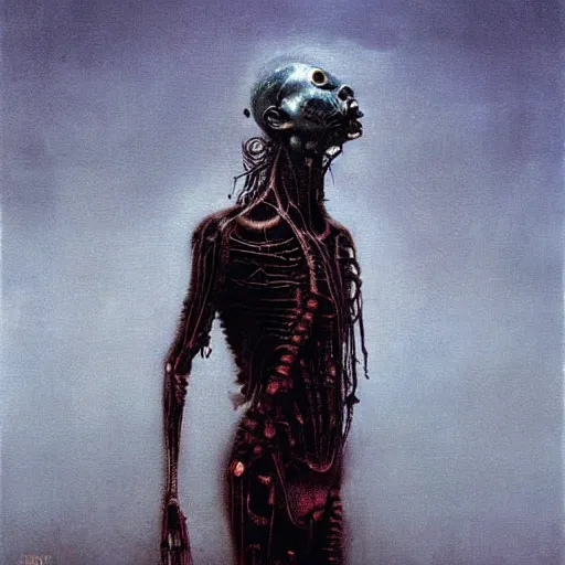 Prompt: horrific human cyborg, beksinski style painting, dark, scary, highly detailed