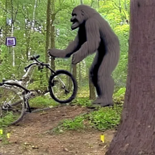 Prompt: Bigfoot caught stealing a bike cctv footage