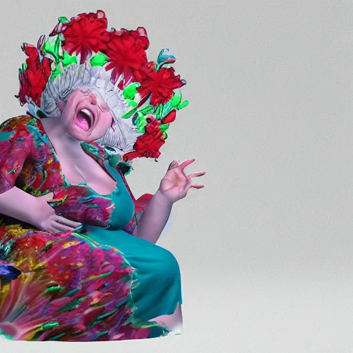 Image similar to of a very funny scene. ambient occlusion render. a sweet fat old woman is giving a birth to a huge colorful fish. flowery dress. mirror. symmetrical face, red mouth, blue eyes. deep focus, lovely scene. ambient occlusion render. concept art. unreal engine.