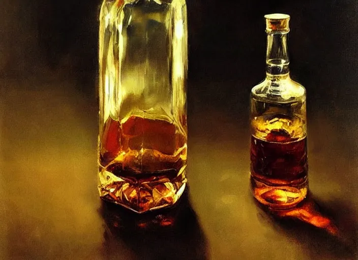 Prompt: oil painting of whiskey bottle, art by anders zorn, wonderful masterpiece by greg rutkowski, beautiful cinematic light, american romanticism by greg manchess