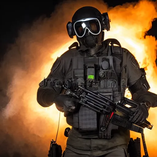 Image similar to portrait of a burning head swat agent with a tactical helmet and goggles holding a machine gun, centered, at night, mid shot, editorial photography