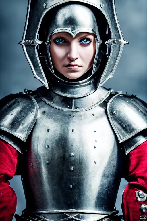 Image similar to medieval female knight, blonde hairs, no helmet, symmetrical, cinematic, elegant, demonic atmosphere, professional studio light, real dlsr photography, sharp focus, armor made by hans giger, 4 k, ultra hd, sense of awe