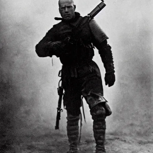 Prompt: old black and white photo, 1 9 1 3, depicting bruce willis in heavy combat armor and guns, historical record, volumetric fog
