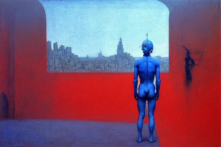 Image similar to only with blue, caesar during war, a red tiger, in hoc signo vinces, nyc in background, an ancient path, in the style of beksinski, part by hopper, part by rodcenko, part by hofbauer, intricate composition, blue by caravaggio, insanely quality, highly detailed, masterpiece, red light, artstation