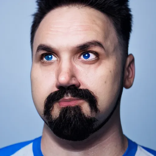 Image similar to fish eye lens close up photograph of a man with blue skin and a goatee side eyeing the camera with a sympathetic look