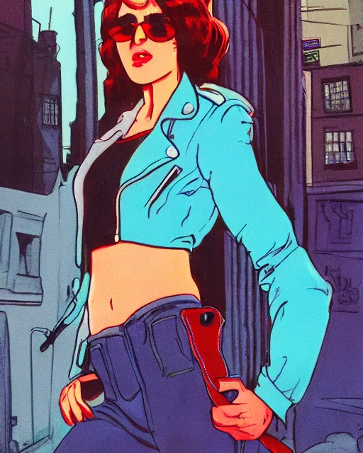 Image similar to young female protagonist in leather jacket, city street, artwork by ralph bakshi