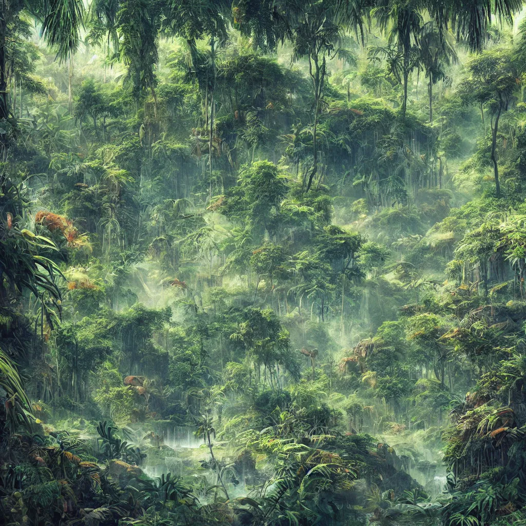 Image similar to painting of a jungle scene on an alien planet by vincent bons. ultra sharp high quality digital render. detailed. beautiful landscape. weird vegetation. water.