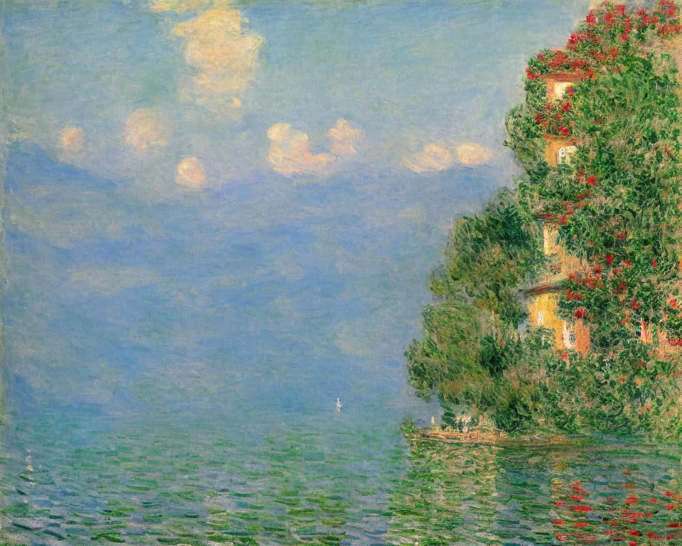 Prompt: beautiful landscape painting of Lake Como featuring a colorful shoreside villa by Monet.