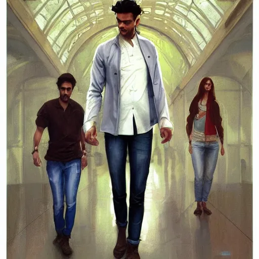 Image similar to Anxious good looking pale young Indian doctors wearing jeans and shirts at the airport, portrait, elegant, intricate, digital painting, artstation, concept art, smooth, sharp focus, illustration, art by artgerm and greg rutkowski and alphonse mucha