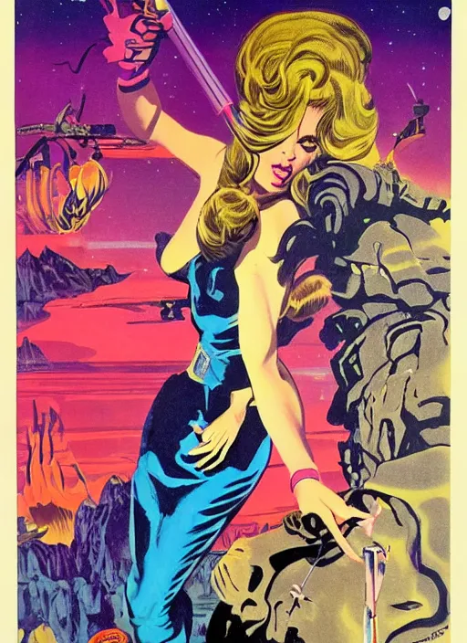 Prompt: Beautiful female powerful epic space wizard with long hair in 'Valley of the Dolls', retro science fiction cover by Jon Steranko and Kelly Freas (1965), vintage 1960 print, vivid, detailed