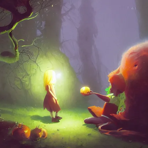 Image similar to a girl accepting an apple from a green skinned witch, by Jordan Grimmer and greg rutkowski, crisp lines and color,