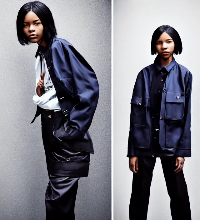 Prompt: realistic photoshooting for a new balenciaga lookbook color film photography portrait of a beautiful woman model cassandra cain wearing a workwear jacket, photo in style of tyler mitchell