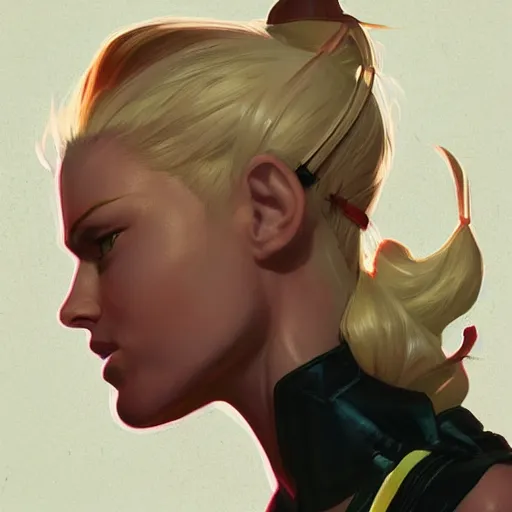 Image similar to portrait of Cammy White from Streetfighter, League of Legend illustration by Sam Youn:3, profile picture by Gil Elvgren:3, asymmetrical, Organic Painting, Ambient Occlusion:3, Matte Painting, bold shapes, hard edges, street art, trending on artstation, realistic:2 by Sachin Teng:5