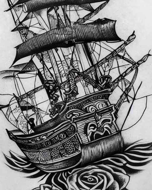 Image similar to A tattoo design on paper of a pirate ship, on paper, black and white, highly detailed tattoo, realistic tattoo, by nik lucas