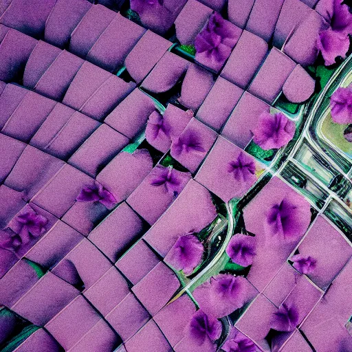 Image similar to closeup photo of purple flower petal flying above a city, aerial view, shallow depth of field, cinematic, 8 0 mm, f 1. 8