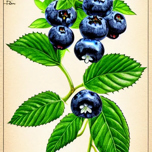 Prompt: botanical drawing of blueberry bush. Traditional art. Rustic. Nordic. 4K. Trending on artstation. Detailed Bushy. Nature. Artistic.