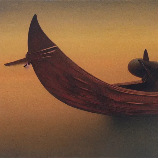 Image similar to a combat airskiff by Zdzisław Beksiński, oil on canvas