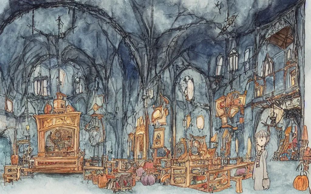 Image similar to interior, a large hall in the castle decorated for halloween drawn by hayao miyazaki, watercolor illustration for a book