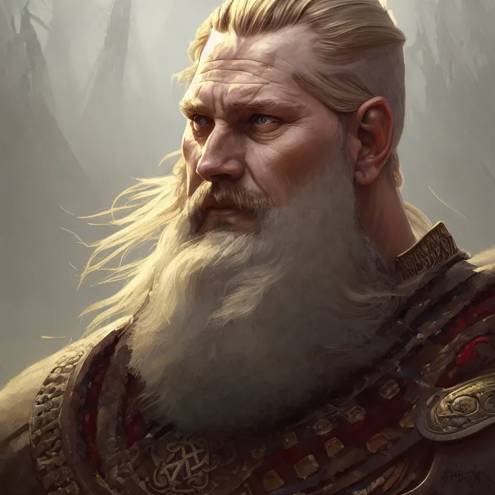 Prompt: excellent painted portrait of the ancient viking emperor of the northlands, character artwork, 8k resolution artwork, trending on artstation, detailed oil painting portrait, art by artgerm and greg rutkowski and alphonse mucha and craig mullins and James Jean and Andrei Riabovitchev and Marc Simonetti and peter mohrbacher