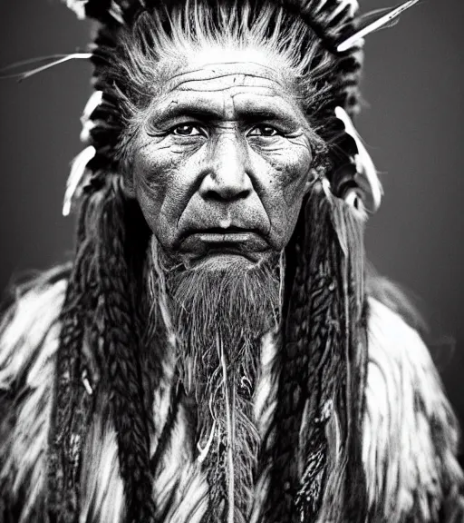 Prompt: Award winning Editorial photo of a Native Iroquois with incredible hair wearing traditional garb by Edward Sherriff Curtis and Lee Jeffries, 85mm ND 5, perfect lighting, gelatin silver process