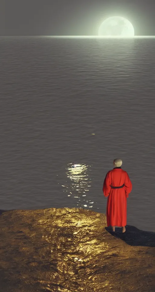 Prompt: a robed figure standing at the side of a dark lake, looking at the reflection of the moon in the water realistic, colorful, highly detailed, unreal engine