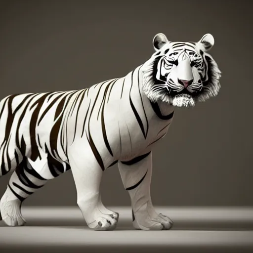 Image similar to a low - poly render of an all white tiger with no stripes in a dynamic action pose dwelling in the spirit realm, low poly 3 d, octane render, dramatic dreamlike lighting, all white render, no textures, angular energetic background elements, angular dynamic white rock floor, artgerm, unreal