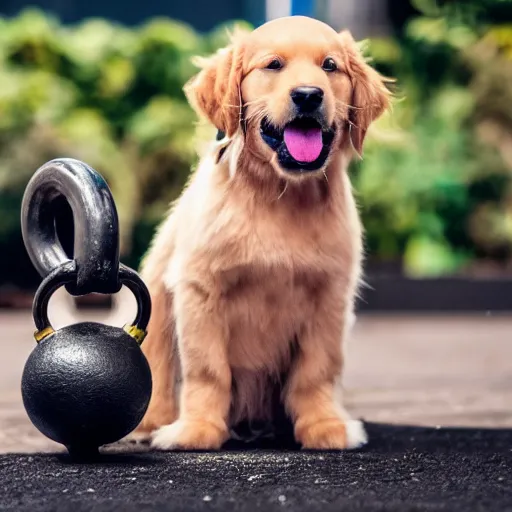 Image similar to A very small golden retriever, next to a huge kettlebell, award winning photo, 4k, highly detailed, 35mm lens, bokeh