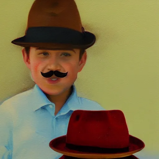 Image similar to a man with brown hair, mustache with a fedora hat, standing next to a boy with a red shirt a messy brown hair painting