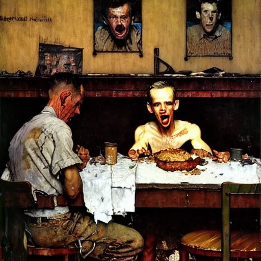 Image similar to a condemned prisoner eating his last meal, somber, dirty, artist norman rockwell and john sargent,